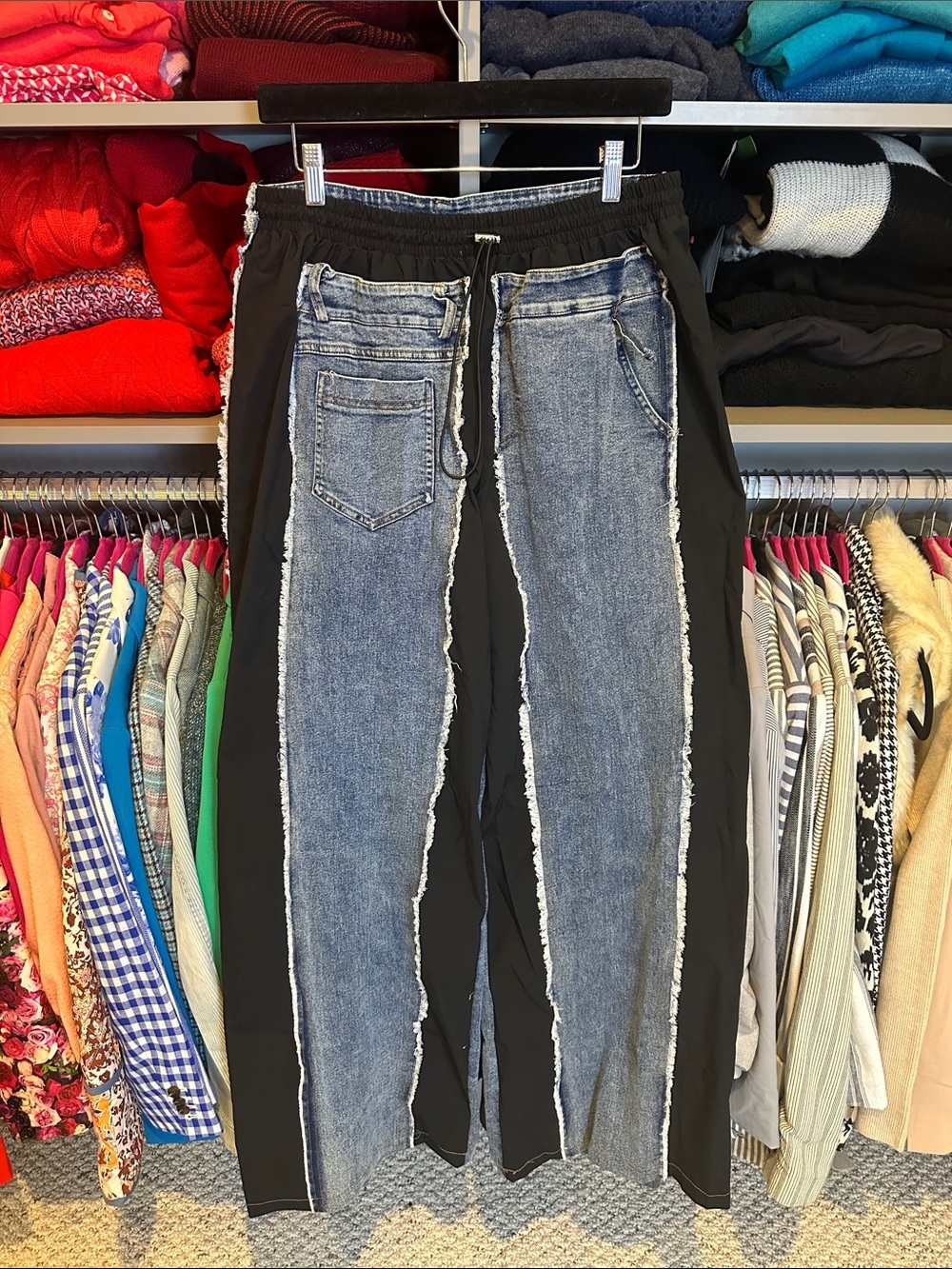 Hot & Delicious blue/black multimedia front elastic waist wide leg jeans XL NWT
